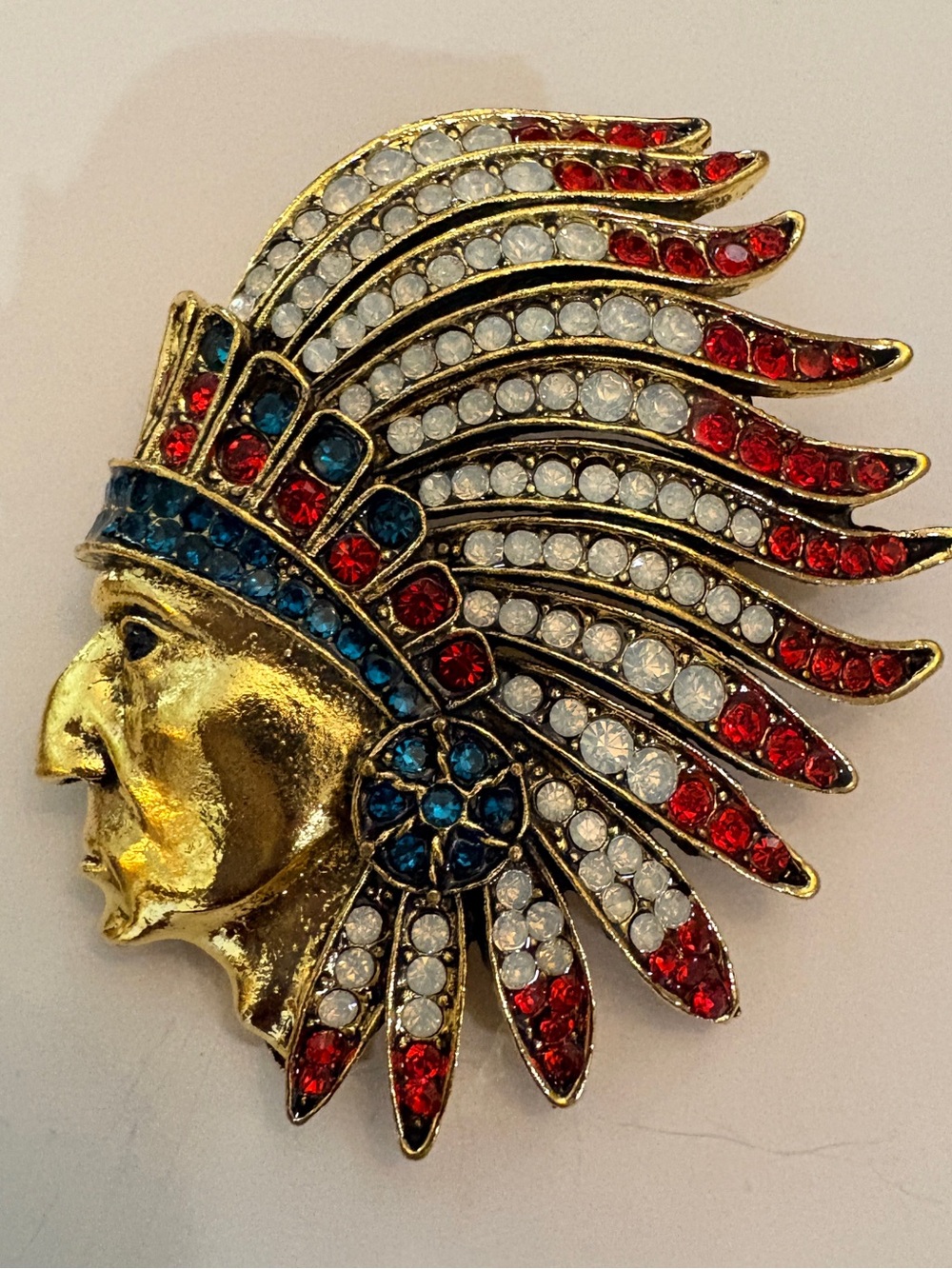 Gold-Tone Native Headdress Brooch with Red, White & Blue Rhinestones